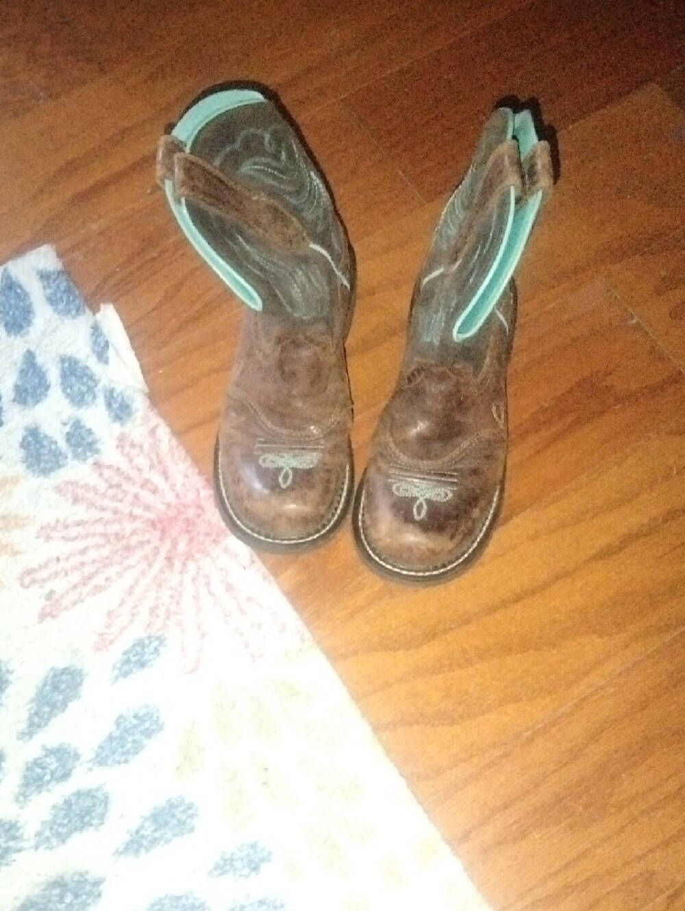 Ariat Brown Leather Cowboy Boots with Teal Stitching - Picture 3 of 4